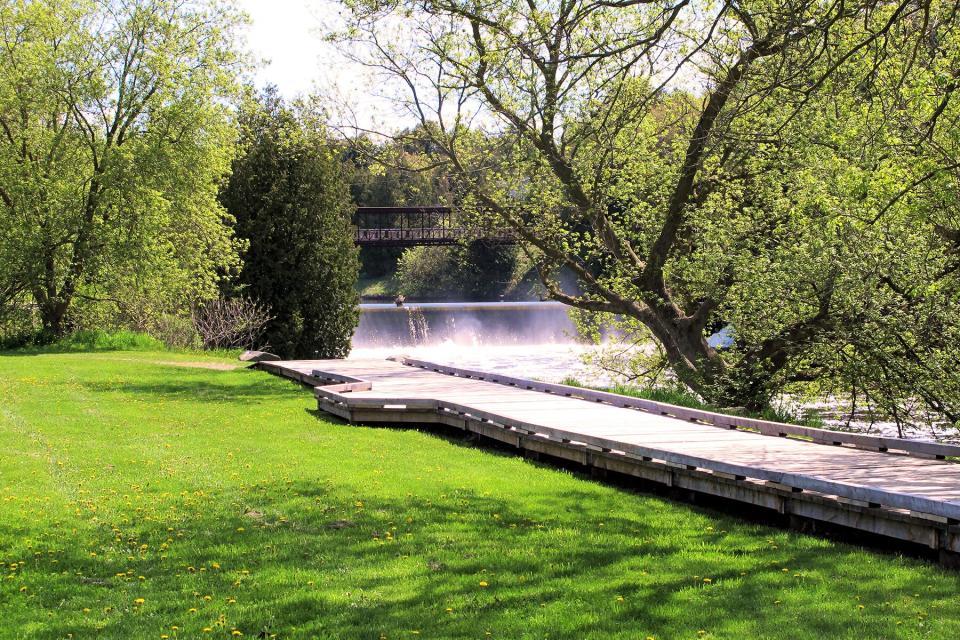 boardwalk &amp; waterfall in Elora, Ontario