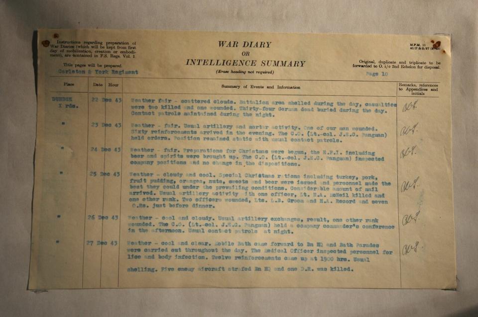 Una página del diario de guerra del regimiento York Carleton.