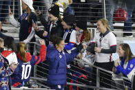 United States' forward Carli Lloyd takes the field for warms-up before a soccer friendly match against South Kore, Tuesday, Oct. 26, 2021, in St. Paul, Minn. (AP Photo/Andy Clayton-King)