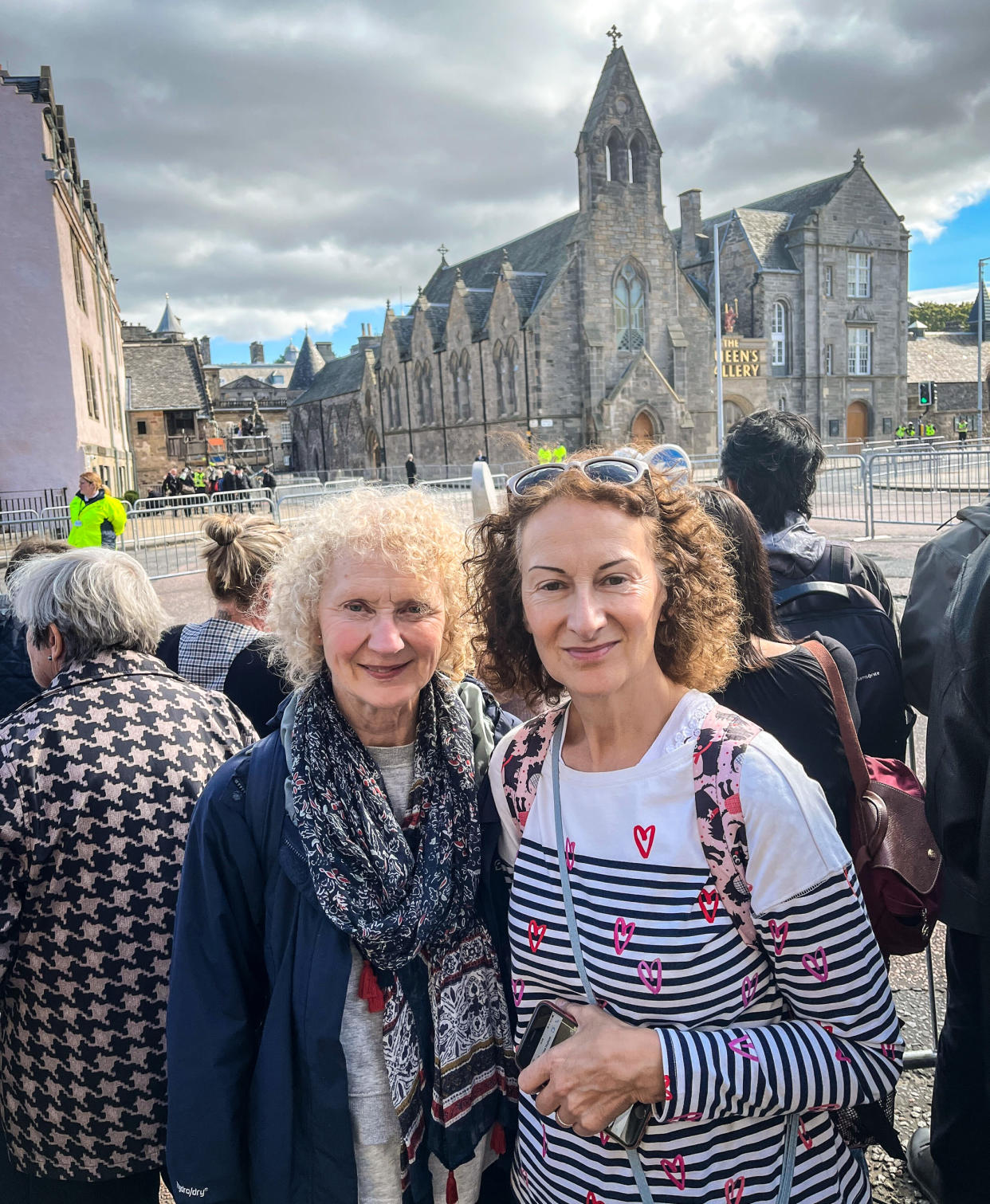 Catherine Vost, 69, and Anne Tullo, 62, traveled from nearby Glashow and arrived more than two hours before the king’s scheduled historic appearance, in Edinburgh, Scotland on Monday. (Alexander Smith / NBC News)