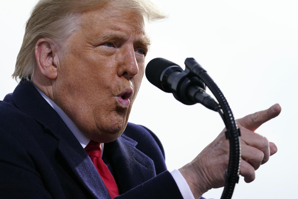 President Donald Trump speaks at a campaign rally at Manchester-Boston Regional Airport, Sunday, Oct. 25, 2020, in Londonderry, N.H. (AP Photo/Alex Brandon)