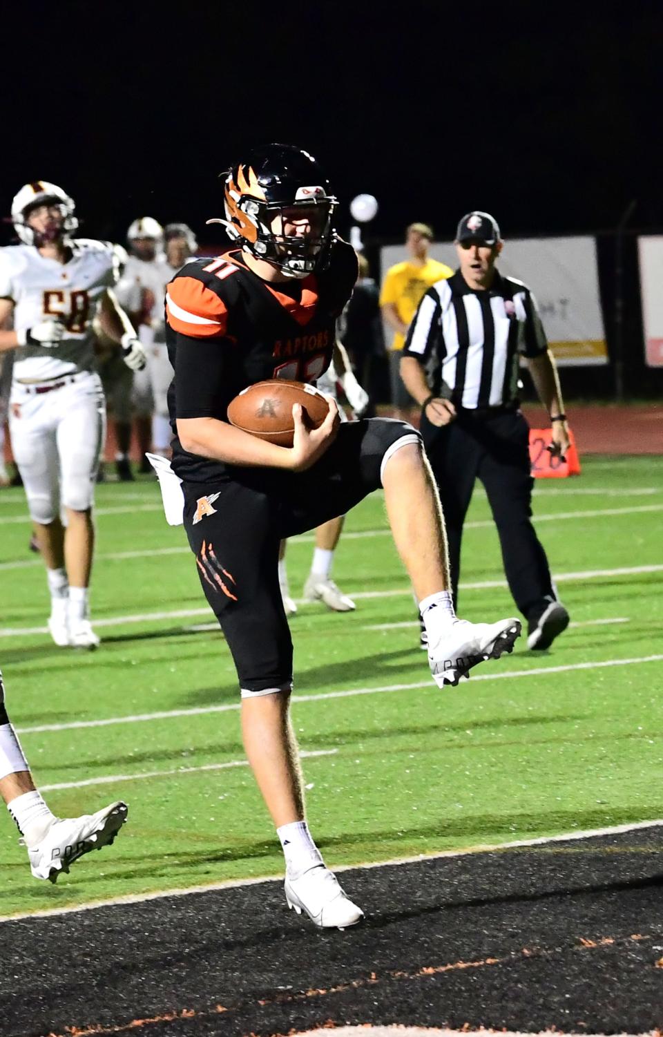 Quarterback Griffin Scalf high steps into the endzone for an Anderson touchdown at the 2022 Skyline Crosstown Showdown football game with Anderson hosting Turpin in Eastern Cincinnati Conference action, Oct. 14.