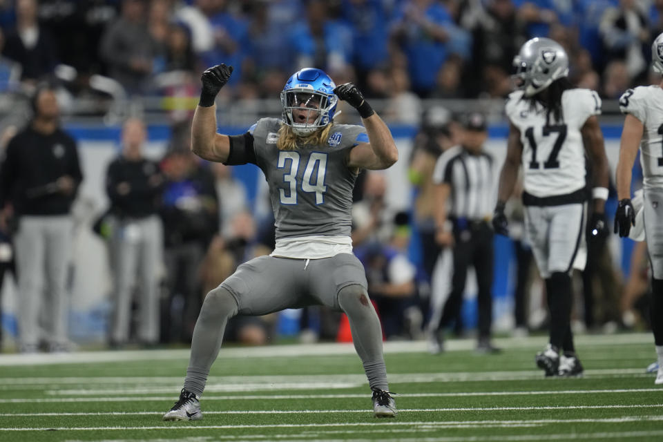 Detroit Lions linebacker Alex Anzalone (34) reacts after a play during the first half of an NFL football game against the Las Vegas Raiders, Monday, Oct. 30, 2023, in Detroit. (AP Photo/Paul Sancya)