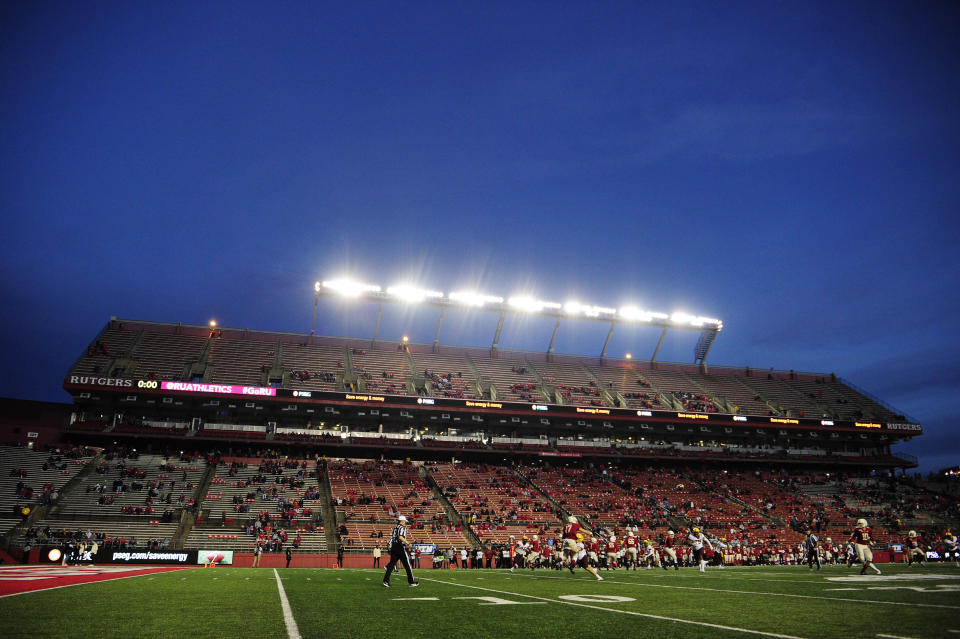 A general view of game play during the second half of an NCAA college football game between Minnesota and Rutgers Saturday, Oct. 19, 2019, in Piscataway, N.J. (AP Photo/Sarah Stier)