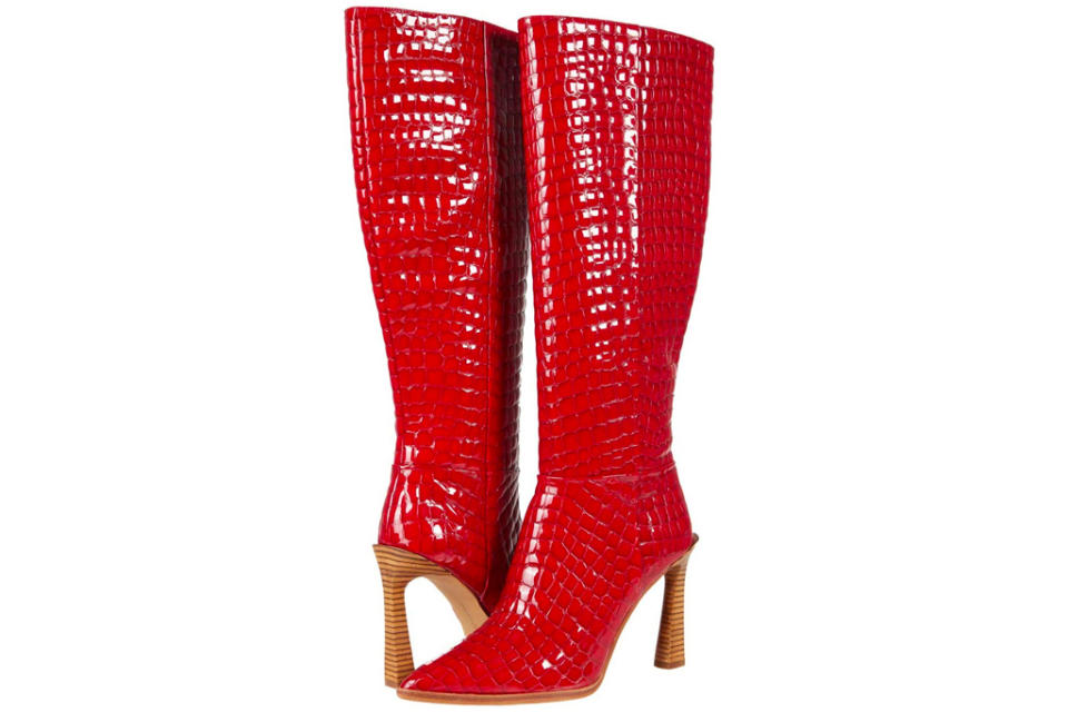 red boots, knee high, heeled, vince camuto