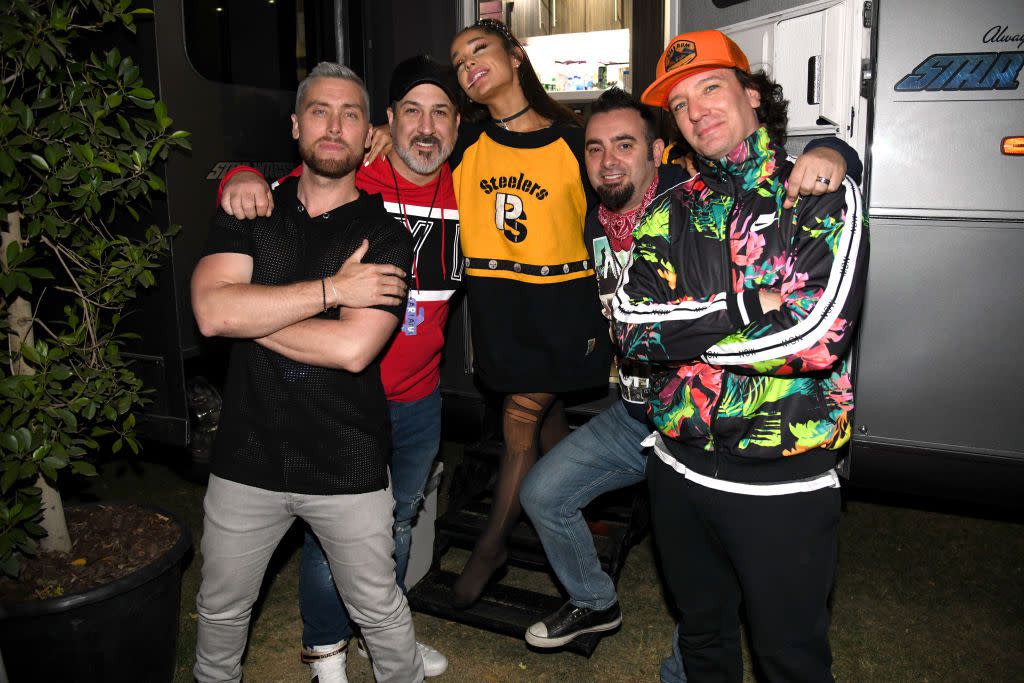 Ariana Grande (C) with members of NSYNC Lance Bass, Joey Fatone, Chris Kirkpatrick and JC Chasez attend 2019 Coachella Valley Music And Arts Festival on April 14, 2019 in Indio, California