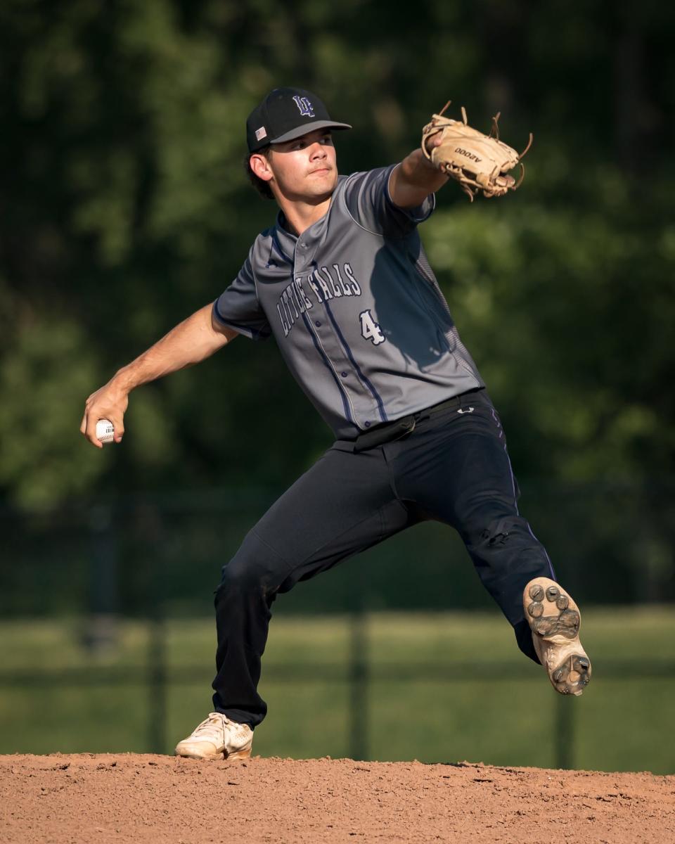 Little Falls' Chase Regan throws a pitch during the finals of the 2023 Section III Class C Baseball Tournament at Onondaga Community College on Tuesday, May 30, 2023.