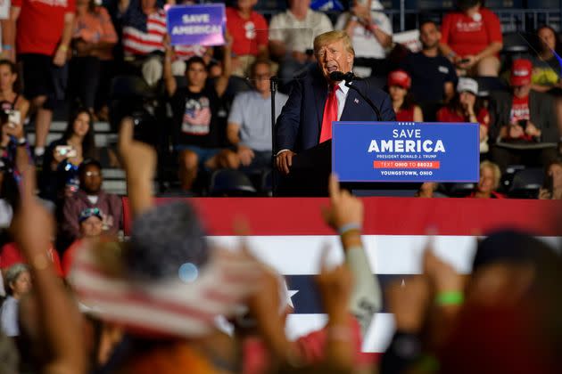 Members of the crowd raise their index fingers as former President Donald Trump speaks Sept. 17 at a rally in Youngstown, Ohio, to support Republican candidates for state and federal offices. Senate candidate J.D. Vance and Rep. Jim Jordan (R-Ohio) also spoke at the rally. (Photo: Jeff Swensen/Getty Images)