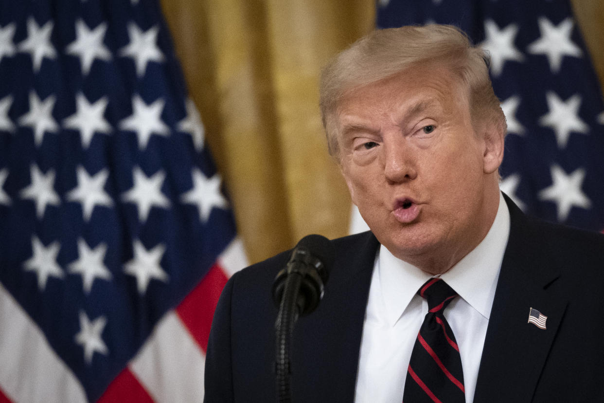 WASHINGTON, DC - AUGUST 04: U.S. President Donald Trump speaks during a signing ceremony for the Great American Outdoors Act in the East Room of the White House on August 4, 2020 in Washington, DC. The new public lands law aims to fix crumbling national park infrastructure and permanently fund The Land and Water Conservation Fund. (Photo by Drew Angerer/Getty Images)