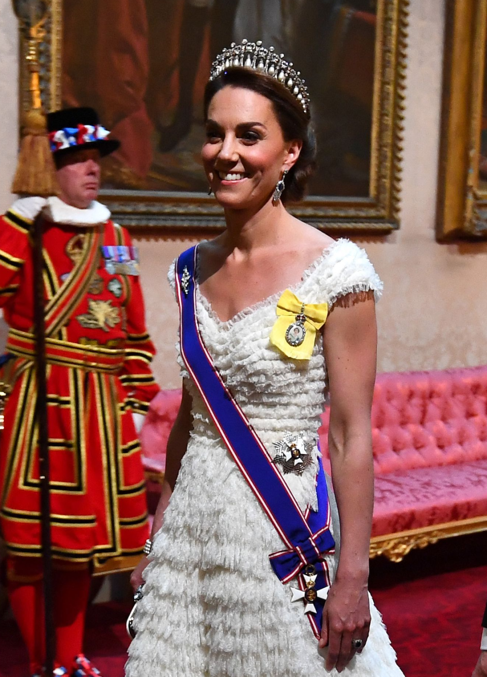 <p> All eyes were on Kate at the state banquet held at Buckingham Palace in honour of the United States in 2019. The royal mother-of-three wowed in a sweeping, ruffled white gown by Alexander McQueen - which she topped off with a tiara. </p>