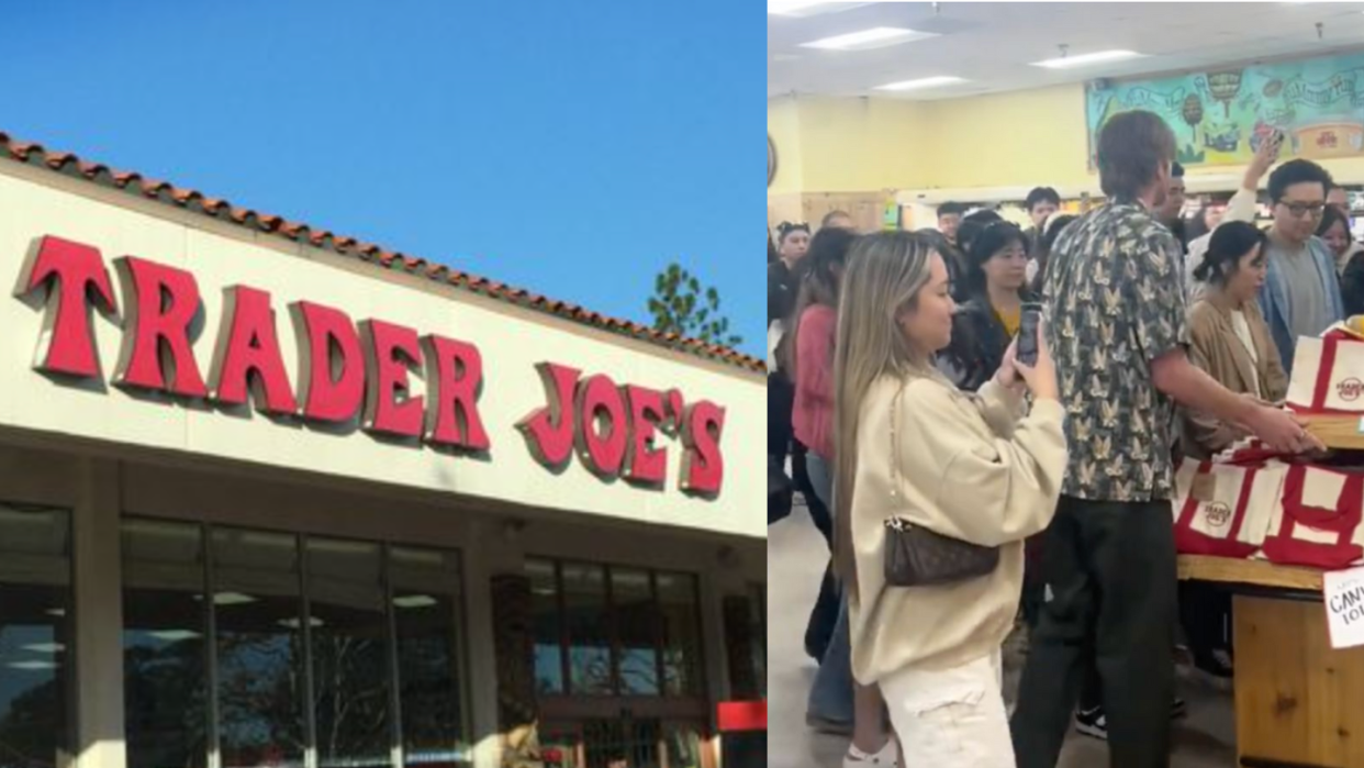 a group of people standing outside a store