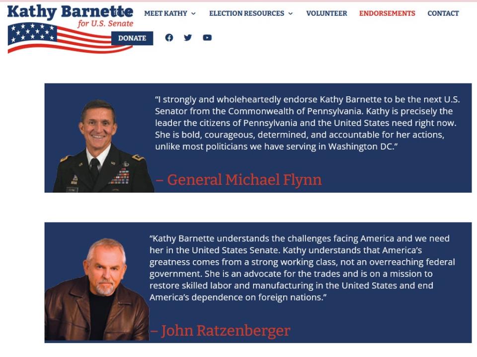 Michael Flynn’s endorsement on Kathy Barnette’s website (Kathy Barnette/Io Dodds)