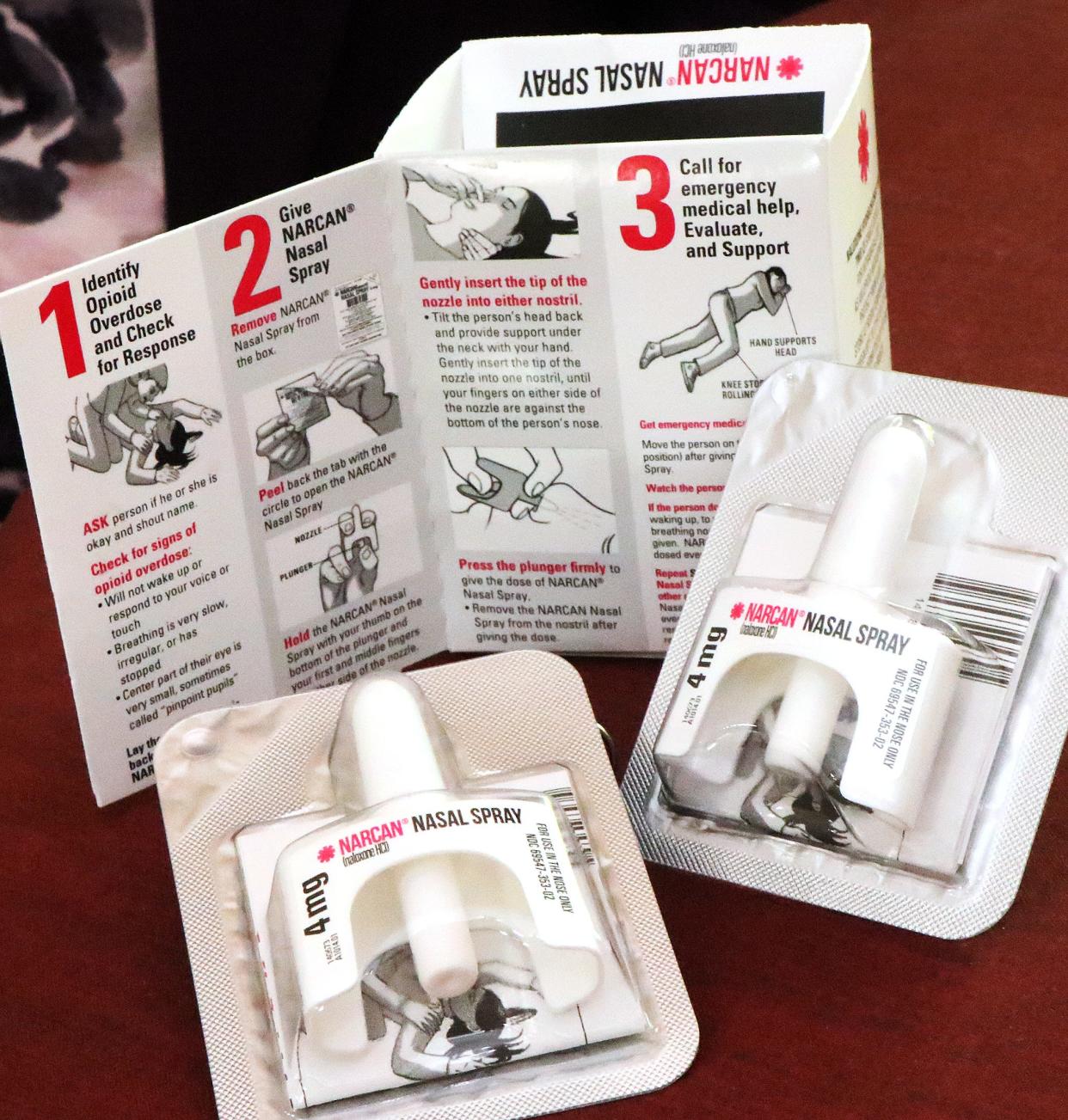 A Narcan nasal spray kit, Wednesday, Aug. 26, 2020, with instructions for its use.