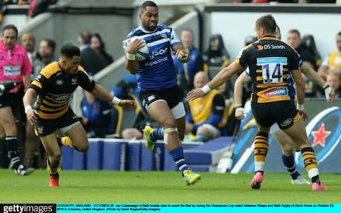 Joe Cokanasiga of Bath breaks clear to score the first try during the Champions Cup match between Wasps and Bath Rugby at Ricoh Arena - Credit: Getty Images