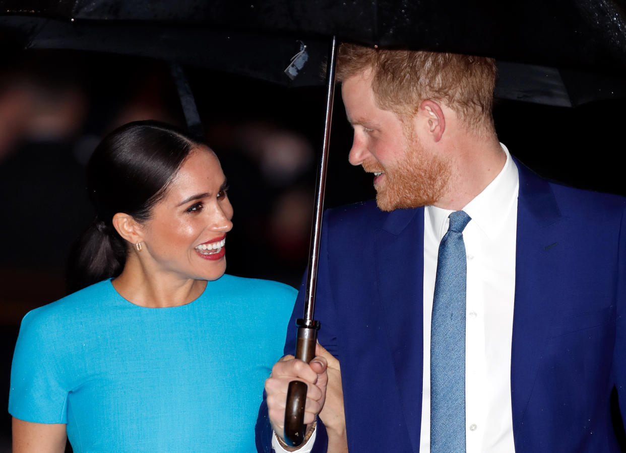 LONDON, UNITED KINGDOM - MARCH 05: (EMBARGOED FOR PUBLICATION IN UK NEWSPAPERS UNTIL 24 HOURS AFTER CREATE DATE AND TIME) Meghan, Duchess of Sussex and Prince Harry, Duke of Sussex attend The Endeavour Fund Awards at Mansion House on March 5, 2020 in London, England. (Photo by Max Mumby/Indigo/Getty Images)