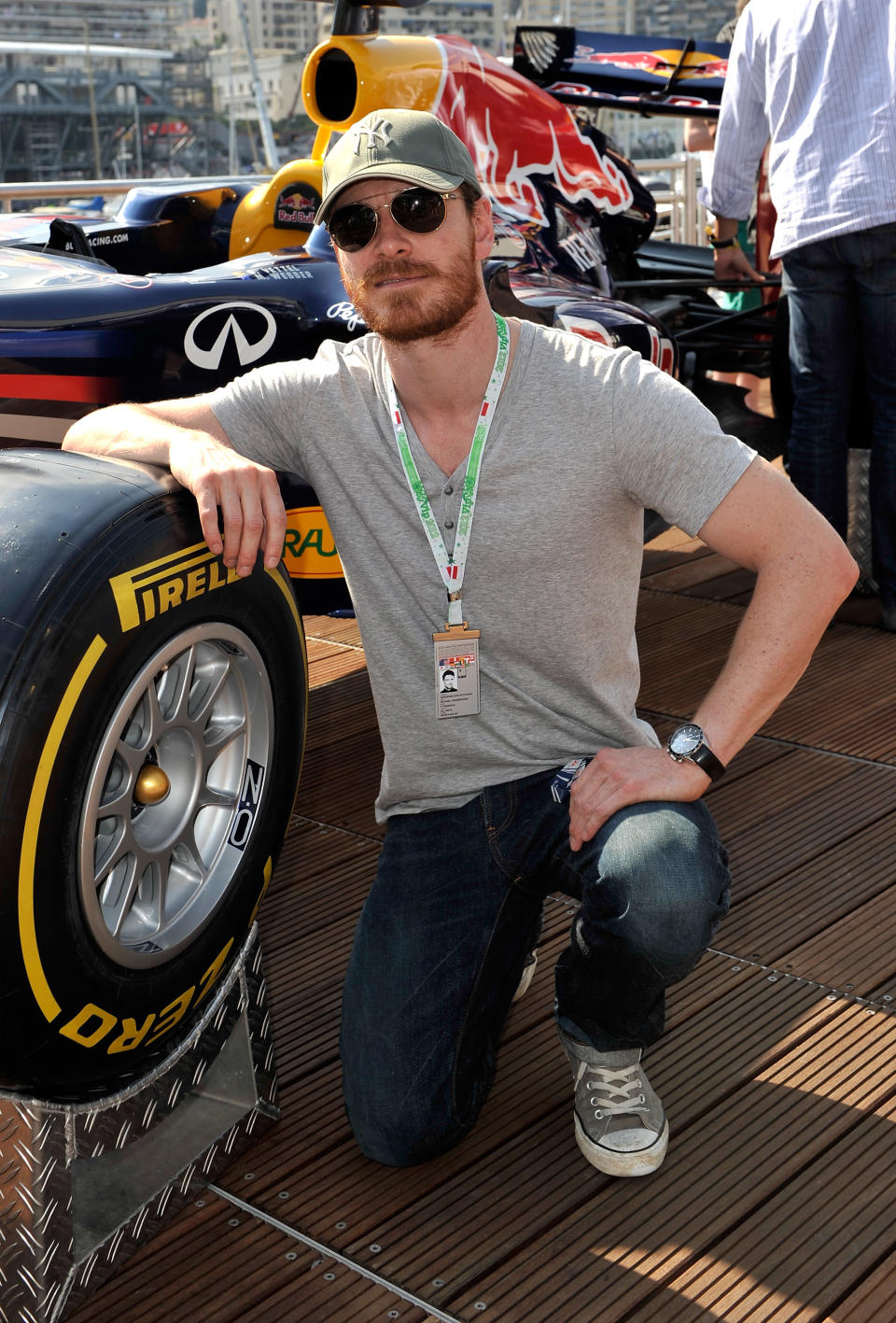 Michael Fassbender on the Red Bull Energy Station during qualifying for the Monaco Formula One Grand Prix at the Monte Carlo Circuit on May 26, 2012 in Monte Carlo, Monaco. (Gareth Cattermole/Getty Images)