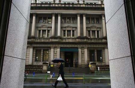 A man walks past the Bank of Japan building on a rainy day in Tokyo, February 18, 2015. REUTERS/Thomas Peter