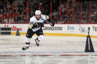 OTTAWA, ON - JANUARY 28: Kris Letang #58 of the Pittsburgh Penguins and team Alfredsson skates during the Bridgestone NHL Fastest Skater part of the 2012 Molson Canadian NHL All-Star Skills Competition at Scotiabank Place on January 28, 2012 in Ottawa, Ontario, Canada. (Photo by Bruce Bennett/Getty Images)