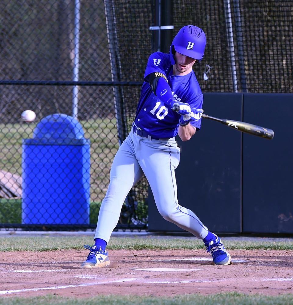 Horseheads' Dom Russ takes a swing in a 10-5 win over Elmira in STAC baseball April 9, 2024 at Ernie Davis Academy.