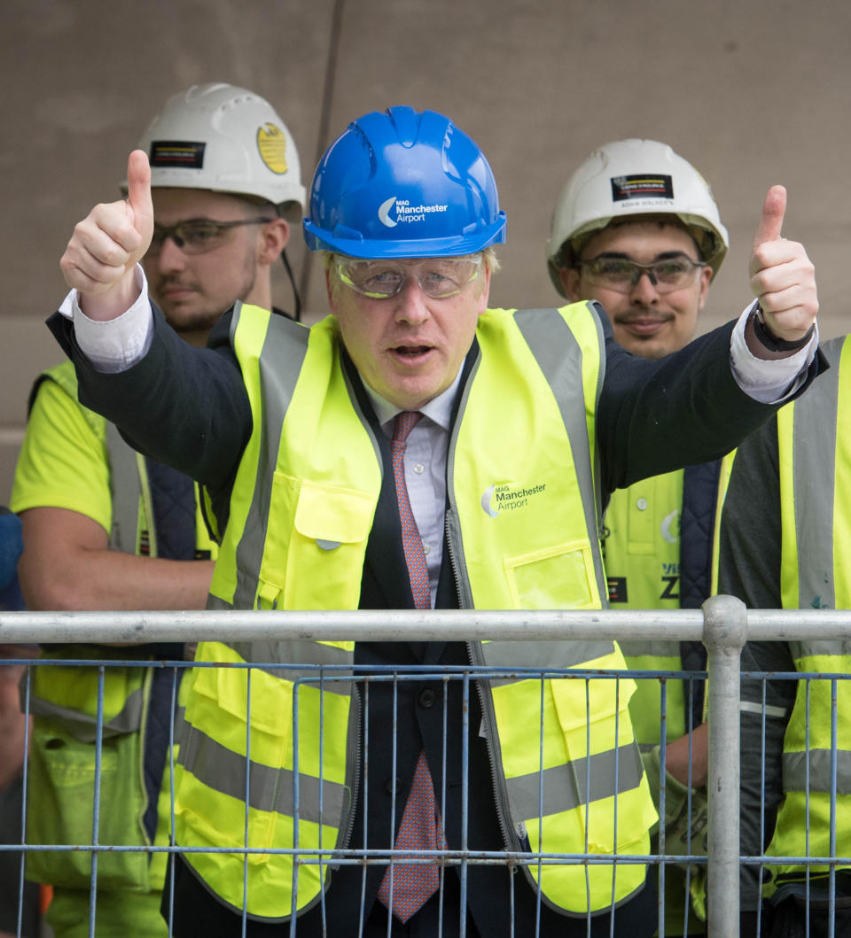 Conservative Party leadership candidate Boris Johnson during a visit to construction work for the expansion of Terminal Two at Manchester Airport.