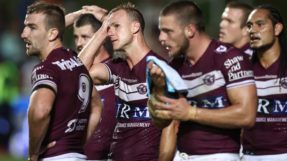 Manly fell to their worst-ever loss at Brookvale Oval on Thursday night, thrashed 46-6 by the Penrith Panthers. (Photo by Cameron Spencer/Getty Images)