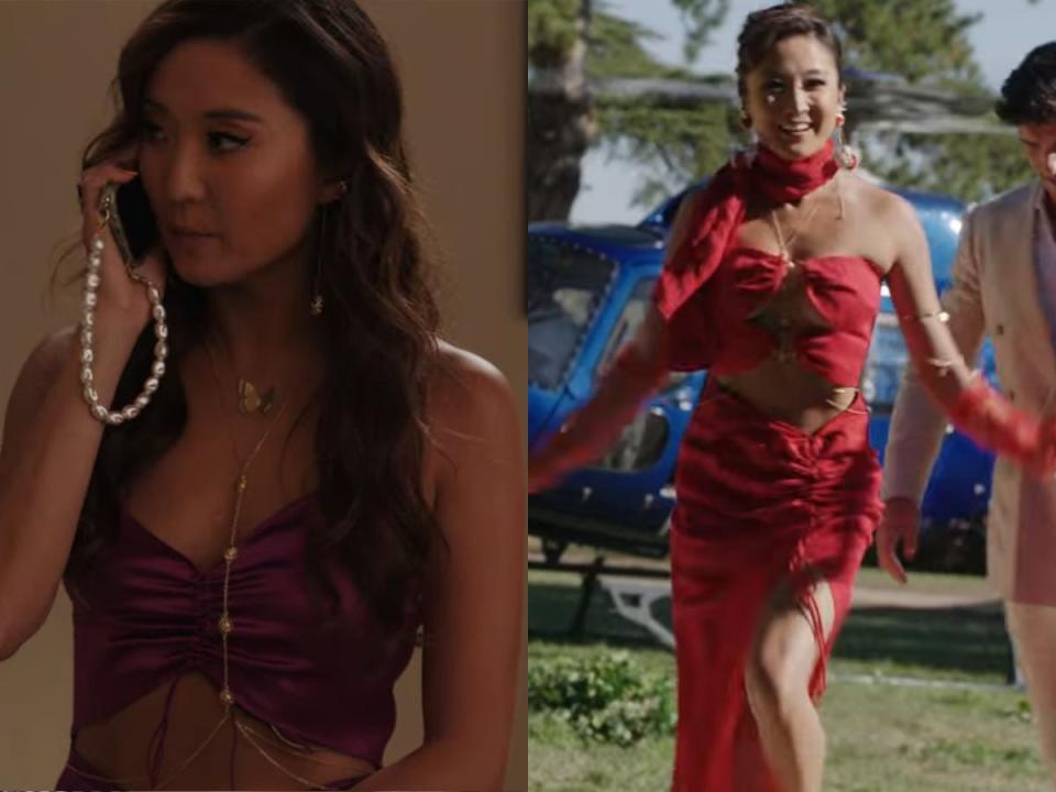 mindy wearing a purple dress and mindy wearing a red dress on emily in paris season three episode ten