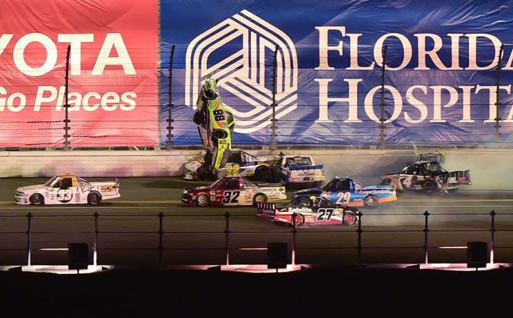 Matt Crafton (in yellow) gets upside down. (Getty Images)