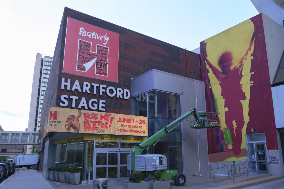 The marquee at Hartford Stage announced the musical comedy “Kiss My Aztec!” for June 1-26 in Hartford, CT, on May 12, 2022. (Alan Arias via AP)