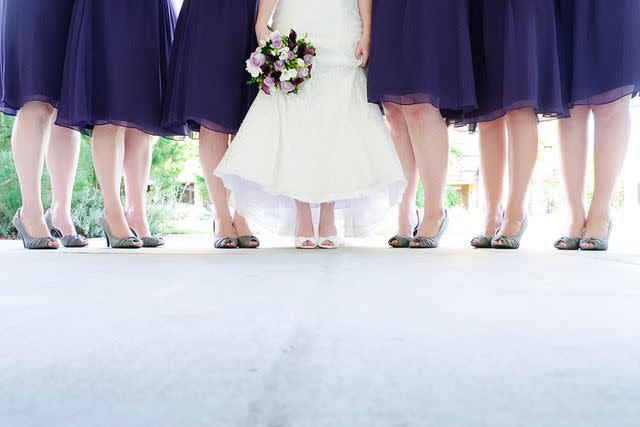<p>Getty</p> A stock image of a bride and her bridesmaids