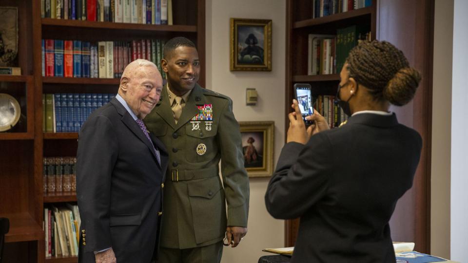 Retired U.S. Marine Corps General Alfred M. Gray, 29th Commandant of the Marine Corps, and U.S. Marine Corps Brig. Gen. Ahmed T. Williamson pose for a photo after a ribbon cutting ceremony at Gray Research Center, Virginia, January 15, 2022. (Cpl. Eric Huynh/Marine Corps)