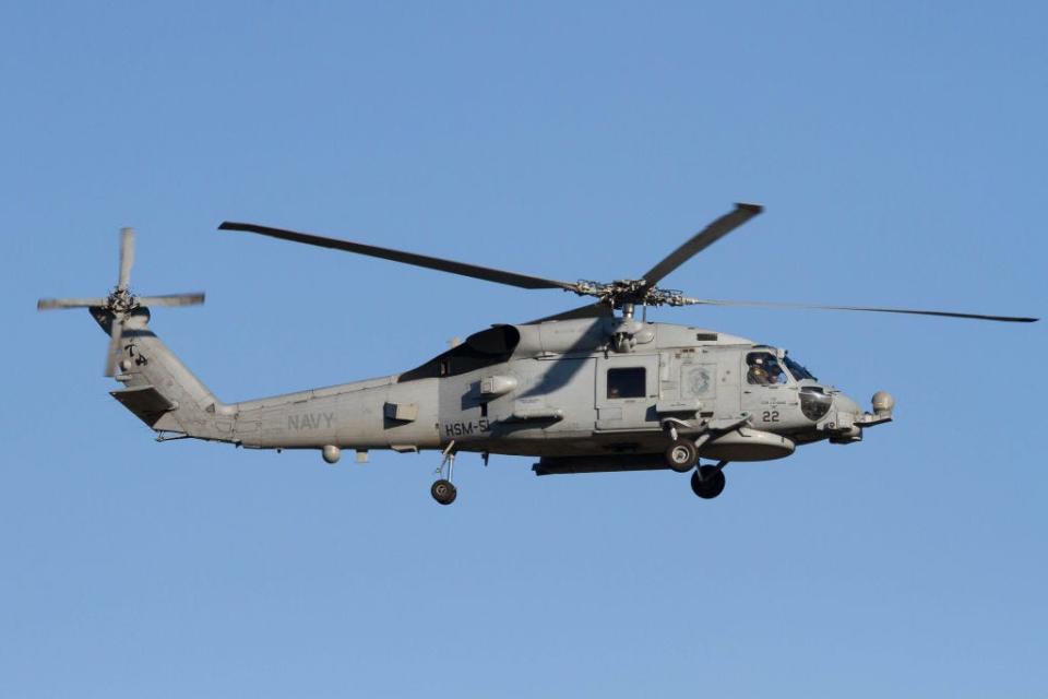 US Navy Sikorsky SH-60 Seahawk with the Helicopter Maritime Strike Squadron Five-One (HSM-51) flies near Naval Air Facility in Kanagawa.