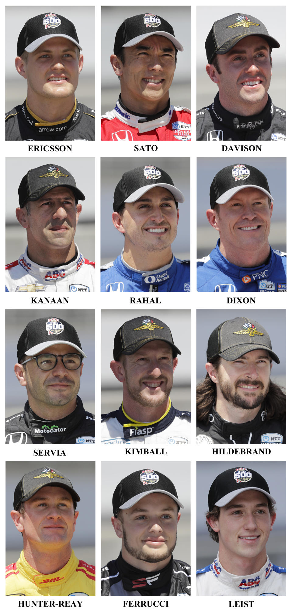 Drivers in the starting field for the May 26 Indianapolis 500 IndyCar auto race are shown after they qualified at the Indianapolis Motor Speedway in Indianapolis, Saturday, May 18, 2019. Fifth row: Marcus Ericsson, of Sweden, Takuma Sato, of Japan, and James Davison, of Australia. Sixth row: Tony Kanaan, of Brazil, Graham Rahal and Scott Dixon, of New Zealand. Seventh row: Oriol Servia, of Spain, Charlie Kimball and JR Hildebrand. Eight row: Ryan Hunter-Reay, Santino Ferrucci and Matheus Leist, of Brazil. (AP Photo/Dave Parker)