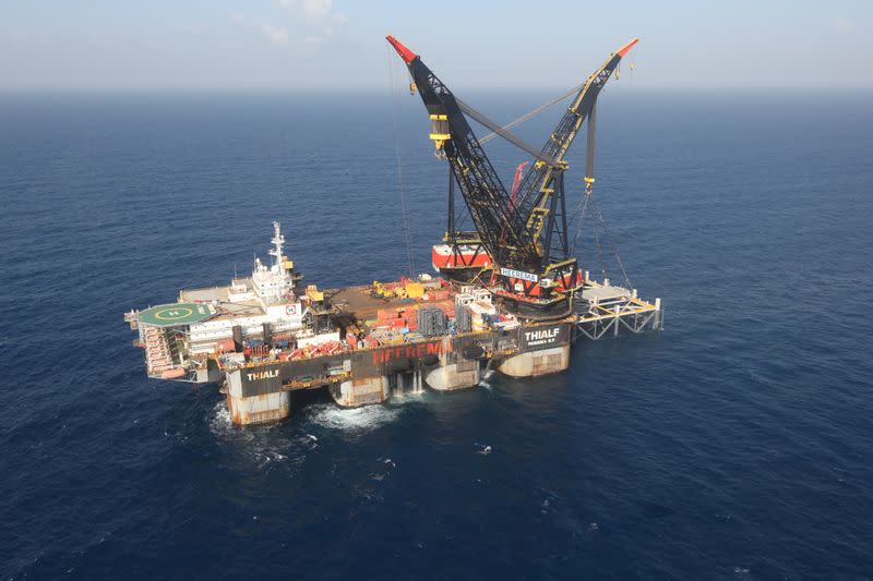 FILE PHOTO: An aerial view shows the newly arrived foundation platform of Leviathan natural gas field, in the Mediterranean Sea, off the coast of Haifa