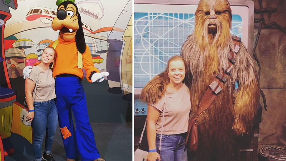 Disney world character meeting with Goofey and Chewbacca