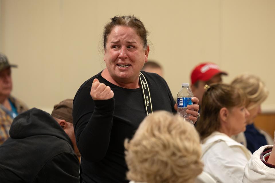 Windham resident Siobhan Bust thanks the community for their help and support Sunday, April 21, 2024, during a town hall meeting at Windham Town Hall. The home where Bust and her husband, Troy, live suffered massive damage during a tornado Wednesday, April 17, 2024.