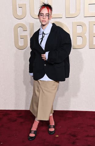 <p>Jon Kopaloff/WireImage</p> Billie Eilish at the Golden Globes on Jan. 7, 2024