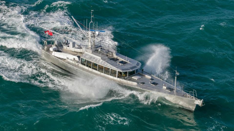 
The 83-foot Wind Horse explorer yacht looks more like a military vessel. It can cruise 10,000 miles on a single tank of fuel. 
