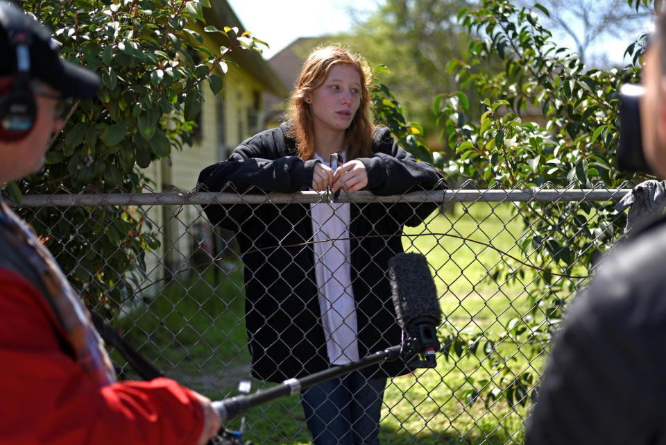 Katelyn Ferguson, 20, gives an interview outside her home, up the street from where a woman was injured in a package bomb explosion in Austin, Texas, U.S., March 12, 2018. (Photo: Sergio Flores / Reuters)