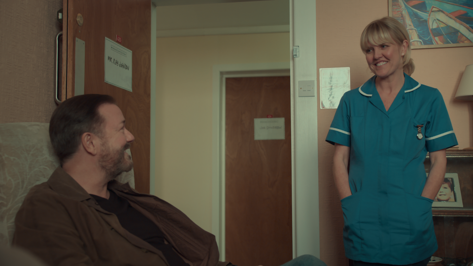 Ricky Gervais and Ashley Jensen in a still from After Life S2. (Netflix)