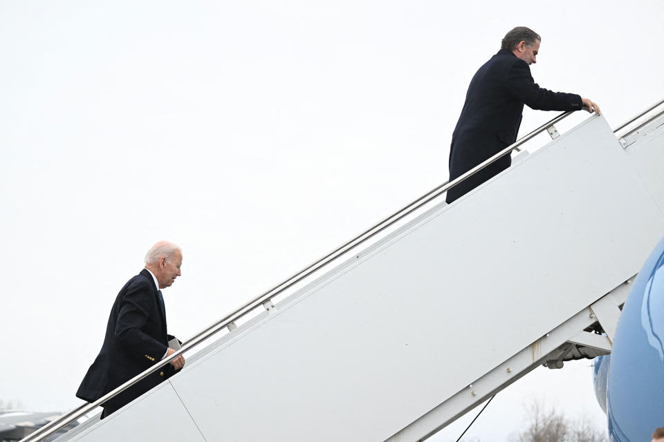 President Joe Biden and son Hunter Biden board Air Force One at Hancock Field Air National Guard Base in Syracuse, NY, on Feb. 4, 2023.<span class="copyright">Andrew Caballero-Reynolds—AFP/Getty Images</span>