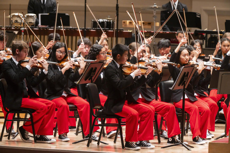 This image provided by the Carnegie Hall shows the National Youth Orchestra of the USA. Teenaged musicians from the National Youth Orchestra of the USA walked onto the Carnegie Hall stage before rehearsal and had a uniform reaction, much like string sections following their leaders: They pulled out cell phones and took selfies. Carnegie Hall's initiative to train the next generation turned 10 this year. (Chris Lee/Carnegie Hall via AP)