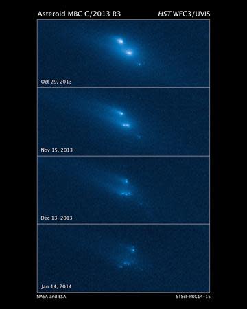 This series of Hubble Space Telescope images reveals the breakup of an asteroid over a period of several months in late 2013. Scientists said on Thursday they have observed for the first time an asteroid breaking apart, crumbling into at least 10 pieces in sort of a celestial, slow-motion train wreck. The images were taken in visible light with Hubble's Wide-Field Camera 3. REUTERS/NASA, ESA, D. Jewitt/UCLA/Handout via Reuters