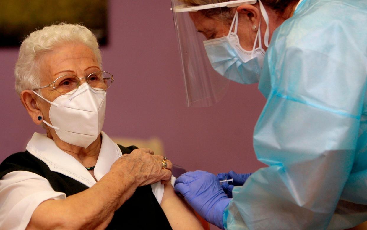 Araceli Hidalgo, a 96-year-old living in a care home in central Spain, was the first person in the country to be vaccinated against Covid-19 - Getty Images Europe