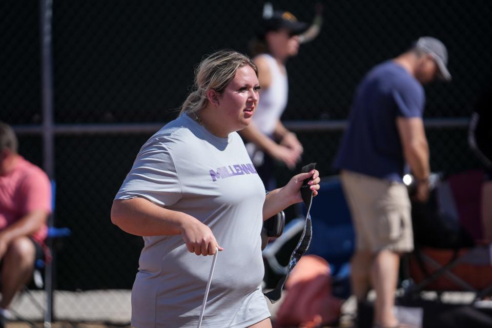 Millennium High School’s Erika Grossman competes in the shot put during the Shadow Ridge Showcase at Willow Canyon High School in Surprise on March 9, 2024.