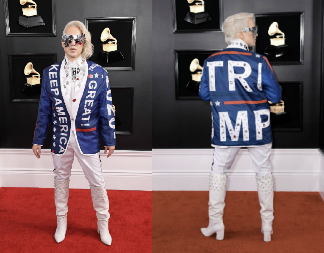 Ricky Rebel wears a pro-Trump jacket on the Grammys red carpet Sunday night. (Photo: Getty Images)