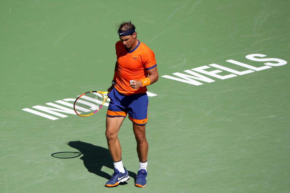 Rafael Nadal of Spain fist pumps during his match against Reilly Opelka of the United States during the BNP Paribas Open in Indian Wells, Calif., on Wednesday, March 16, 2022. 