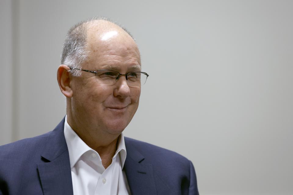 WTA Chairman and CEO Steve Simon sits for an interview during the WTA Finals tennis tournament in Fort Worth, Texas, Tuesday, Nov. 1, 2022. (AP Photo/Tim Heitman)