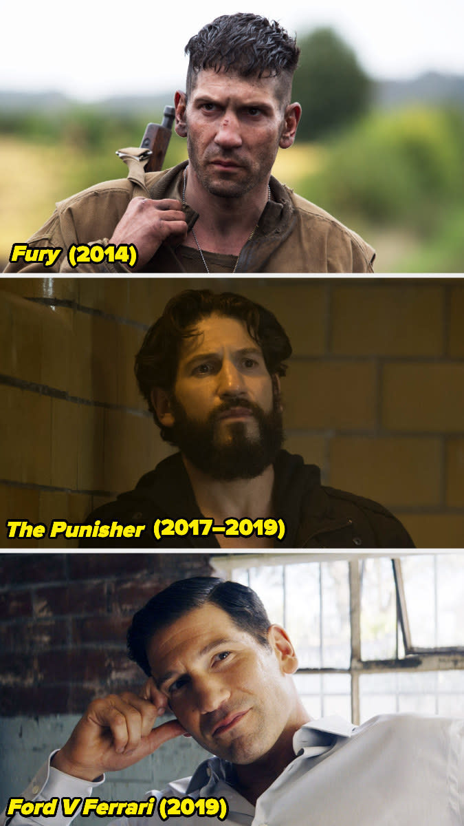 Stills of Jon Bernthal in "Fury," "The Punisher," and "Ford V Ferrari."