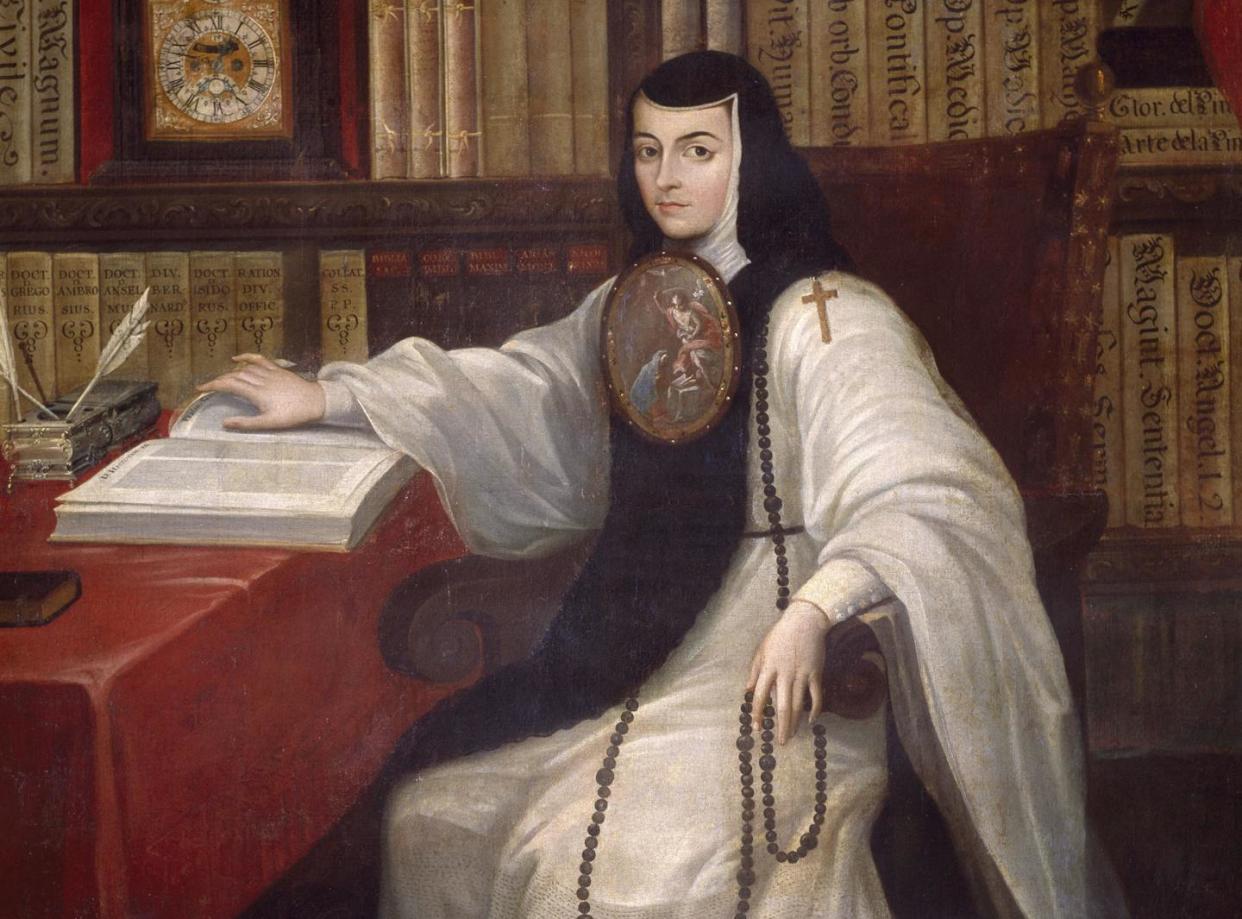 Retrato de sor Juana Inés de la Cruz por Miguel Cabrera. <a href="https://mexicana.cultura.gob.mx/es/repositorio/detalle?id=_suri:ESPECIAL:TransObject:5bce55047a8a0222ef15d471#detalleinfo" rel="nofollow noopener" target="_blank" data-ylk="slk:MEXICANA;elm:context_link;itc:0;sec:content-canvas" class="link ">MEXICANA</a>