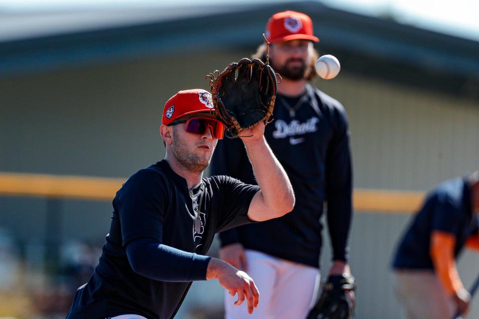 Detroit Tigers infielder Jace Jung practices during spring training at TigerTown in Lakeland, Fla. on Tuesday, Feb. 20, 2024.